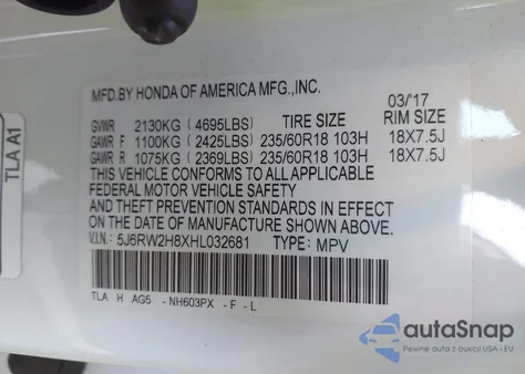 2017 Honda Cr-V Ex-L/Ex-L Navi from USA, damaged, VIN 5J6RW2H8XHL032681